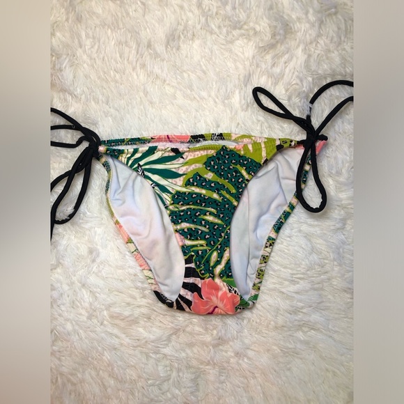 VENUS green and pink Tropical Print Bikini Bottom with Black Ties size 2 NWOT - Picture 3 of 10